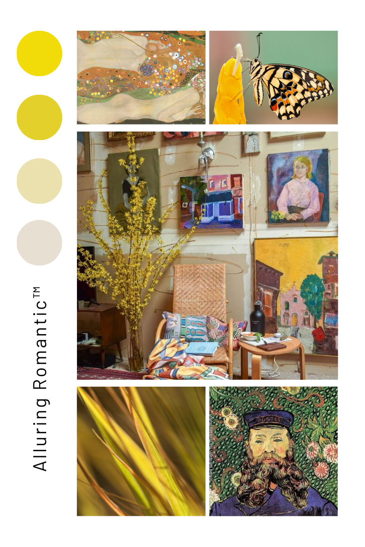 A curated collection of warm yellows, golds, and soft neutrals featuring delicate florals, golden grasses, cozy interiors, and expressive portraits—reflecting the serene and heartfelt essence of the Alluring Romantic™ persona.