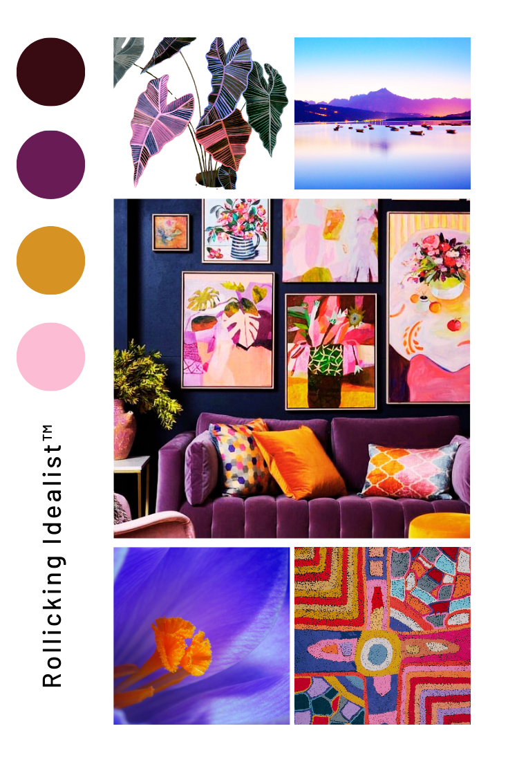 A vibrant collection of images featuring bold purples, yellows, and pinks. Includes floral patterns, abstract paintings, and dynamic interior decor, representing the adventurous essence of the Rollicking Idealist™.