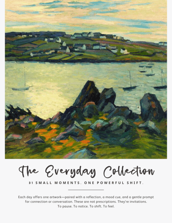 Bring more art into your daily life, one moment at a time. The Everyday Collection Guide: Edition I pairs a striking artwork with thoughtful insights, color psychology, and conversation prompts. Whether you spend 30 seconds or 30 minutes with each piece, this collection makes art a mindful daily habit.