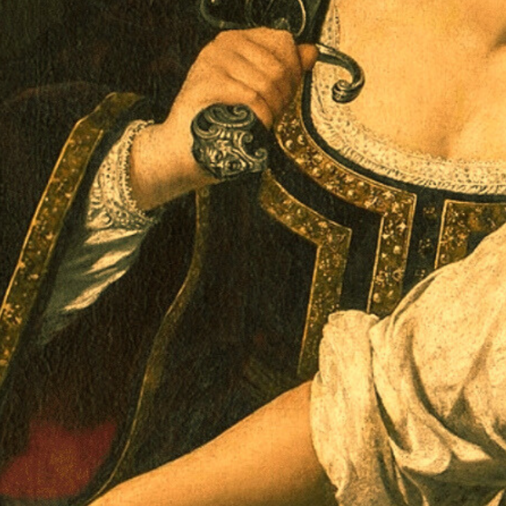 Close-up of Artemisia Gentileschi’s Judith gripping a sword, her embroidered bodice and ornate weapon in focus.