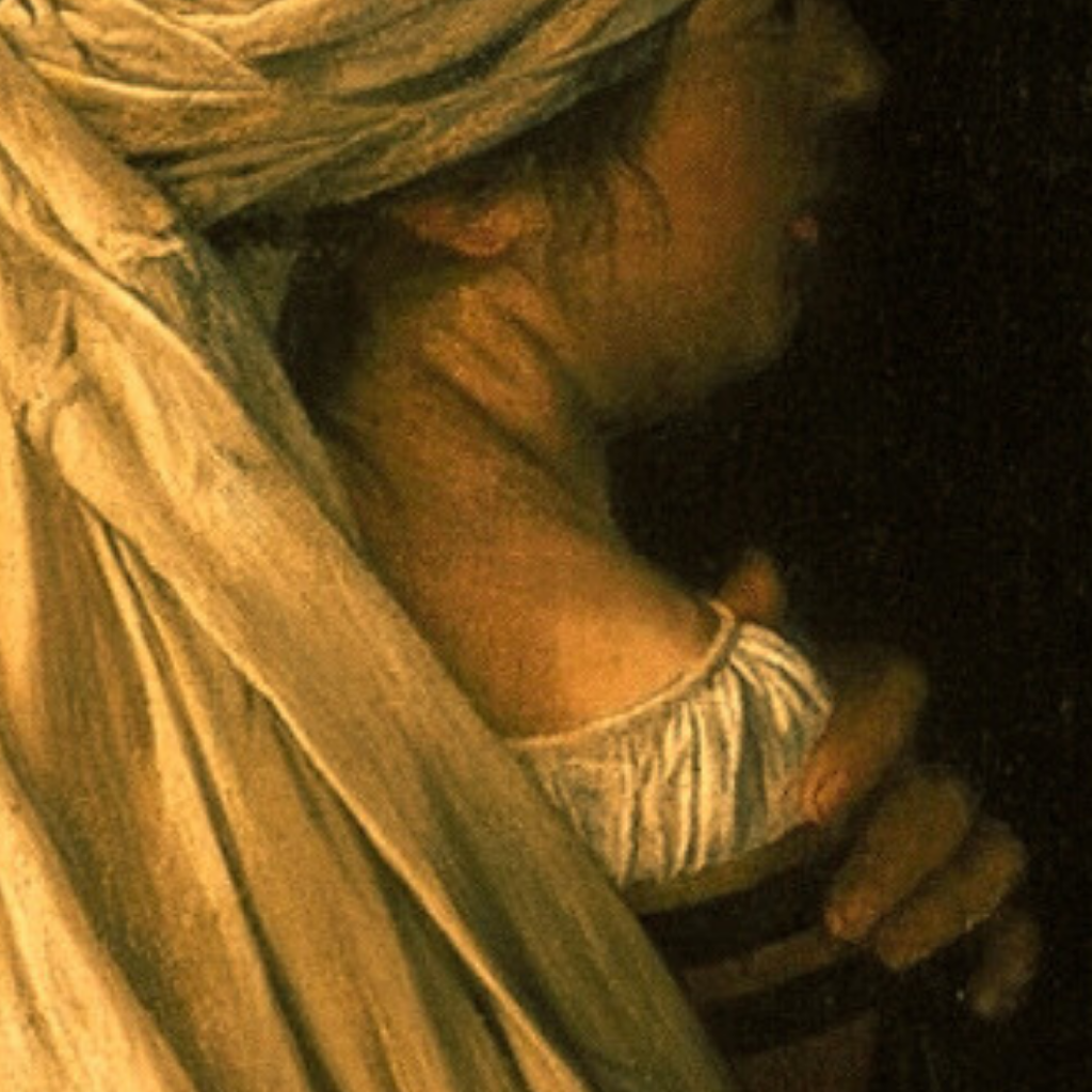 The maid’s face partially visible under a wrapped headscarf, her body turned protectively toward Judith.