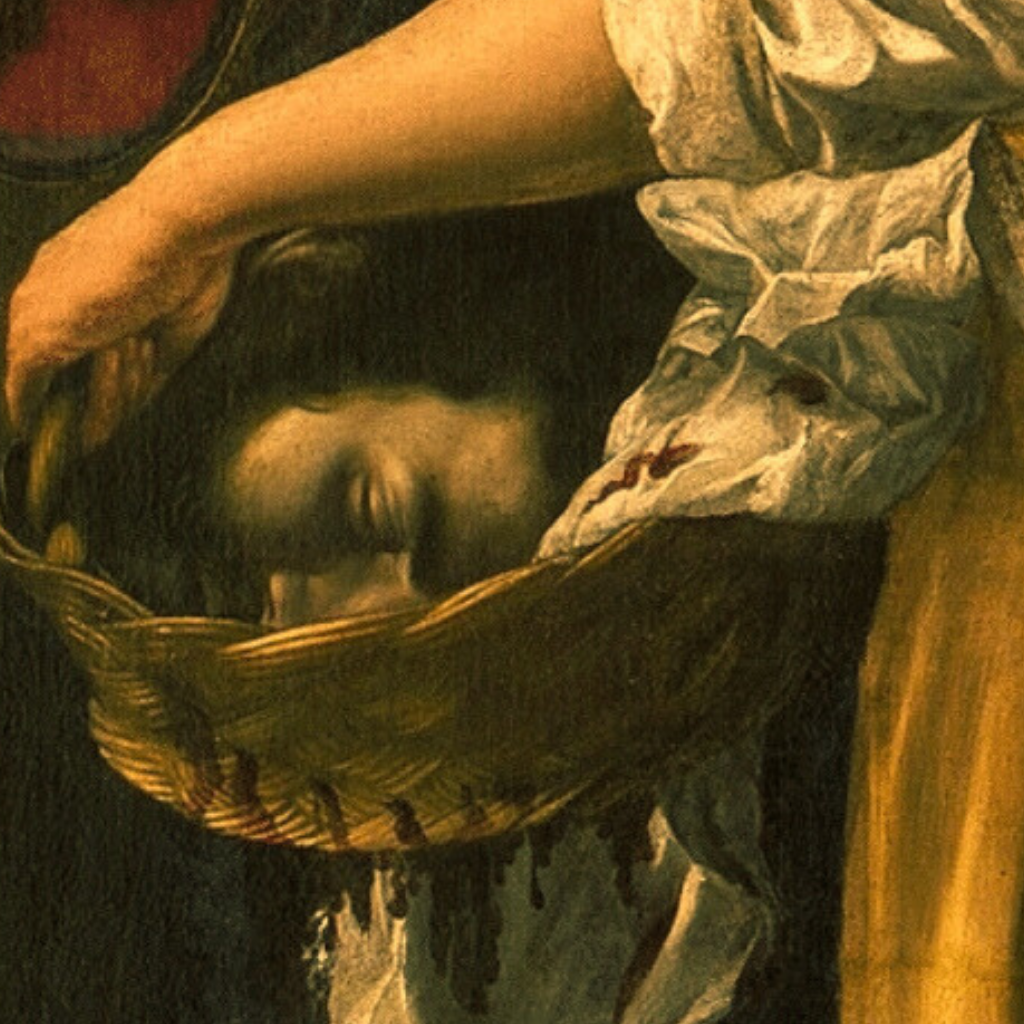The severed head of Holofernes in a woven basket, held by Judith’s blood-stained hands.