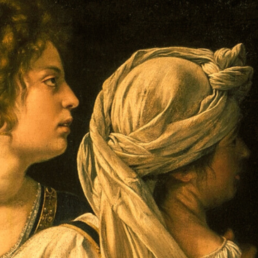 Judith and her maid seen in partial profile, dressed in Renaissance clothing and moving in sync.