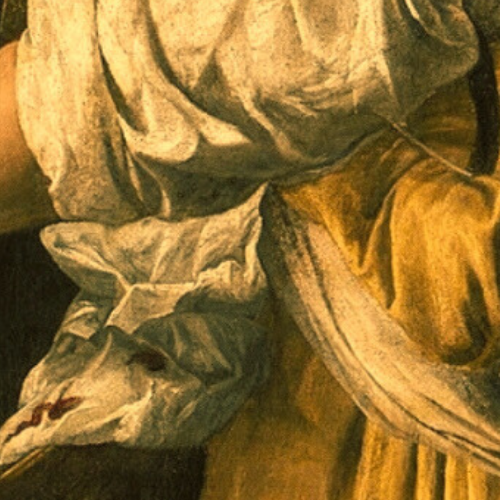 Close-up of the maid’s arm, with folds of her yellow dress and blood-stained sleeve in motion.