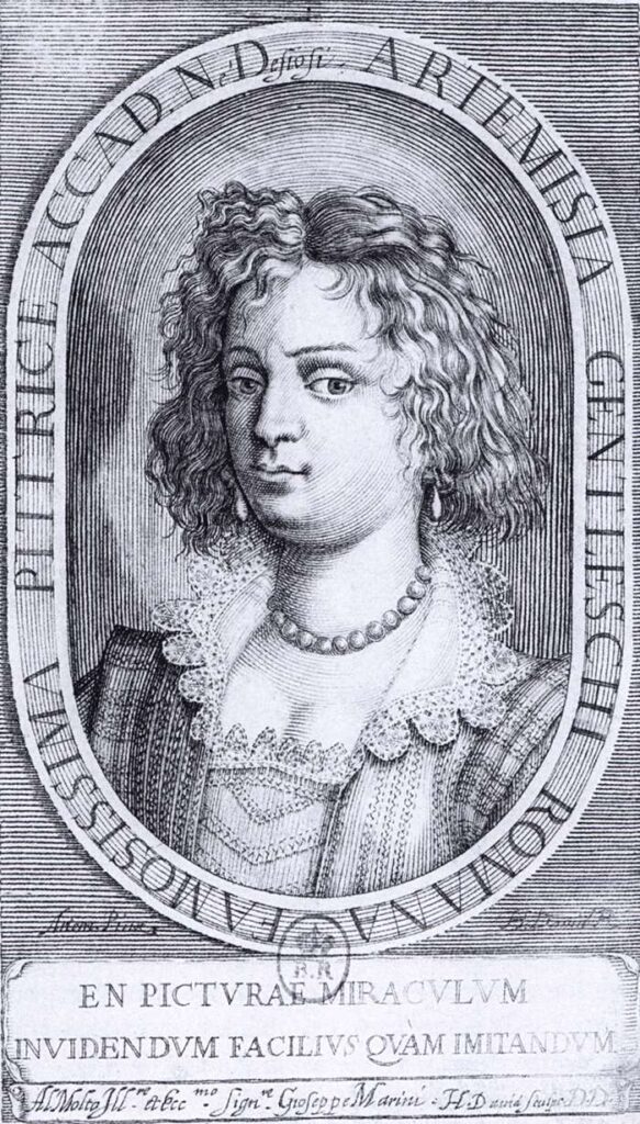 Engraved historic portrait of Artemisia Gentileschi, Italian Baroque painter and pioneering woman artist.