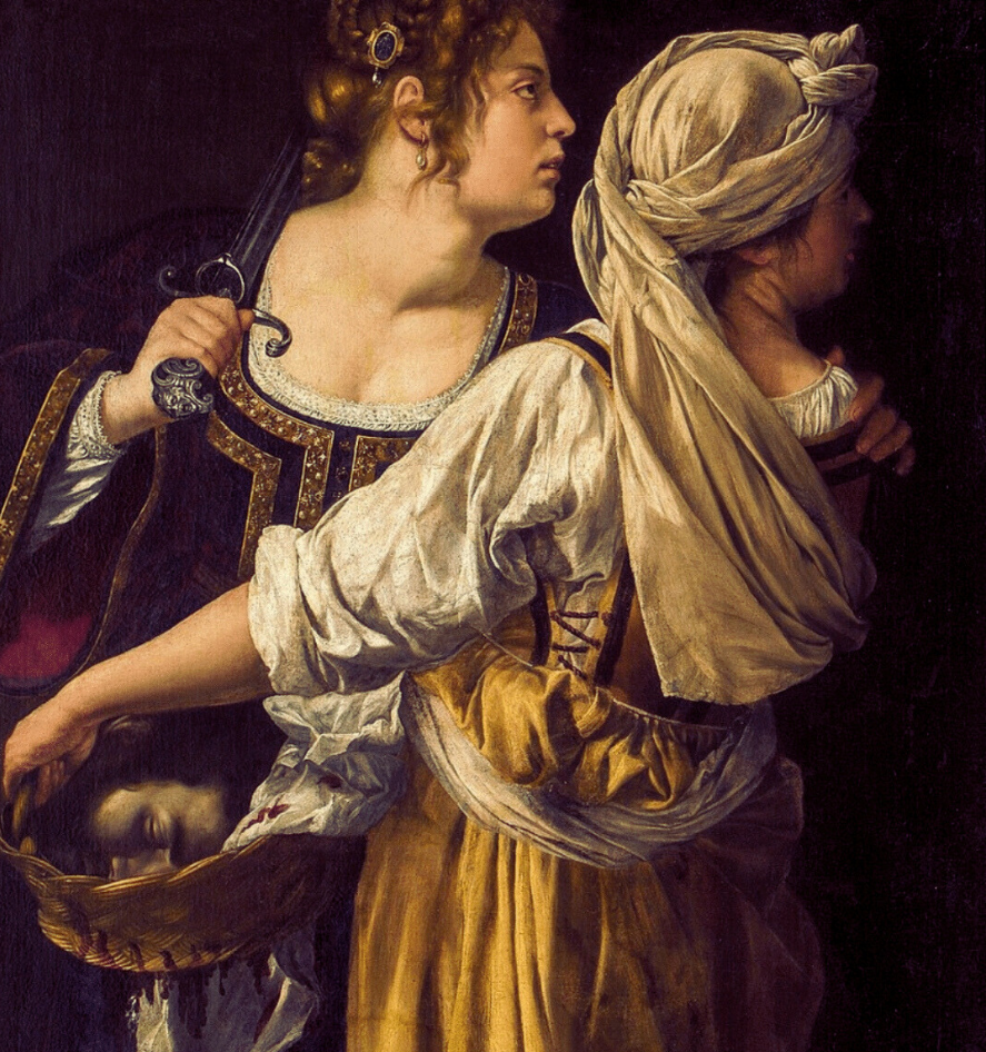 Full image of Judith and her Maidservant with the Head of Holofernes by Artemisia Gentileschi, showing Judith holding a sword and her maid carrying the severed head.
