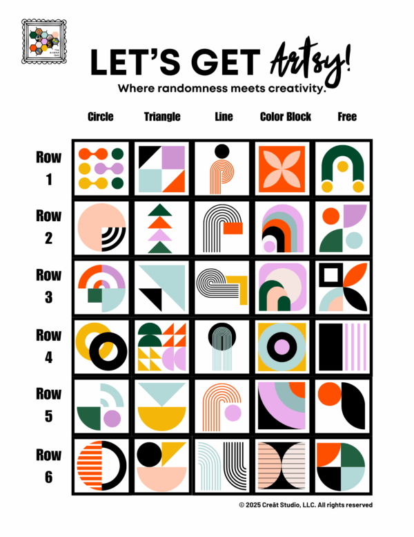 A 6×5 grid titled “Let’s Get Artsy: Bauhaus Edition I,” where each square contains a creative drawing prompt inspired by the Bauhaus Art movement. The grid has no labeled columns, encouraging intuitive, playful responses to dice rolls.