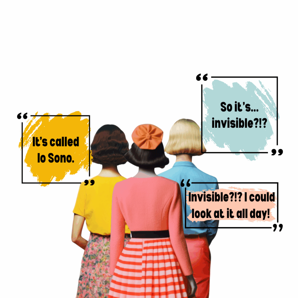 Three retro-styled women stare at an empty white wall while speech bubbles debate the value of an “invisible” artwork titled Io Sono.