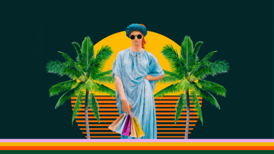 ArtDNA My Account page banner showing a classical figure in sunglasses with shopping bags, flanked by palm trees at sunset.