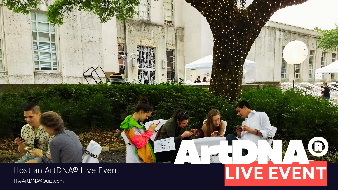 A group of young adults sitting under a tree wrapped in string lights during a cultural festival, taking the ArtDNA® Quiz on their phones — symbolizing connection, curiosity, and creative engagement.