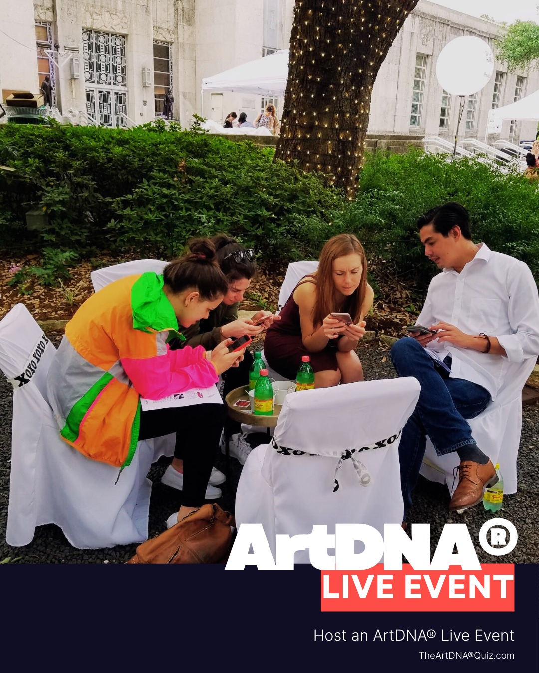 Join the movement reshaping how we experience art — real people, real stories, real connection. A group of festival-goers take the ArtDNA® Quiz at Nuit Blanche, gathered outdoors under string lights.
