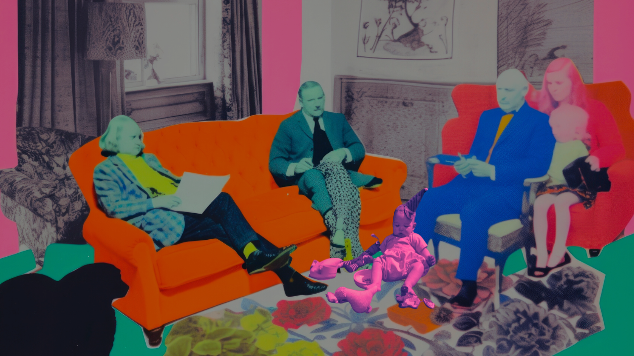 ArtDNA® | Coming Soon — Resting Before the Revolution Pop-art collage of vintage family members sitting on vivid orange and red sofas with a baby in a party hat in the center — symbolizing creative rest before cultural rebirth.