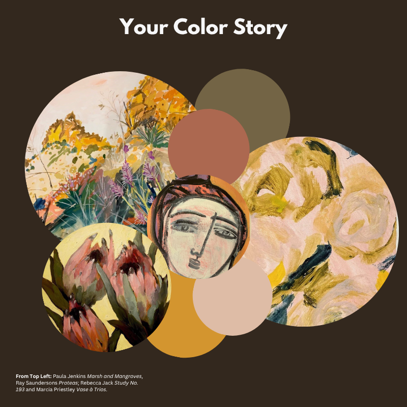 A collage of abstract and figurative artworks arranged in overlapping circles, showcasing earthy tones and the text “Your Color Story.”