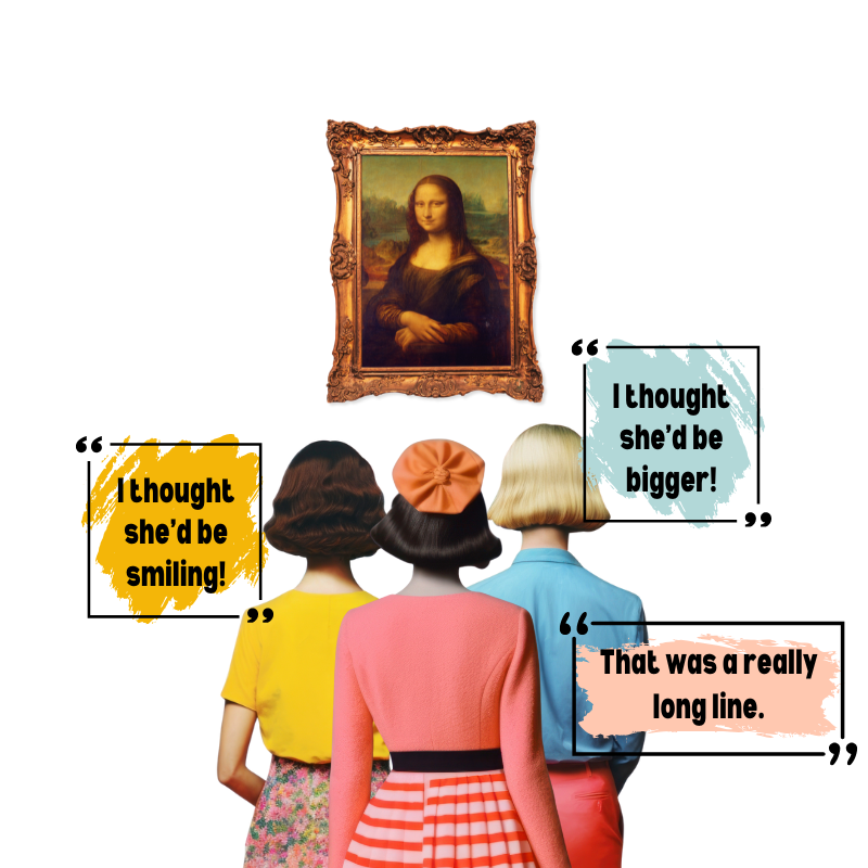 Three retro-styled women view the Mona Lisa, making humorous remarks about her size, expression, and the long lines to see her.