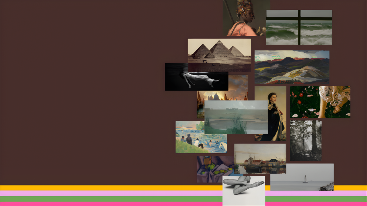 A serene composition of layered classical and modern artworks arranged on a deep brown background. Each image — from misty landscapes to quiet portraits — reflects calm, contemplation, and emotional depth, embodying the Introspective archetype’s stillness and elegance.