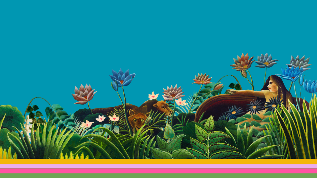 Colorful jungle scene inspired by Henri Rousseau, featuring lush tropical plants, bright flowers, and a reclining woman surrounded by curious lions — symbolizing the Rollicking Idealist archetype’s sense of wonder, energy, and imagination.