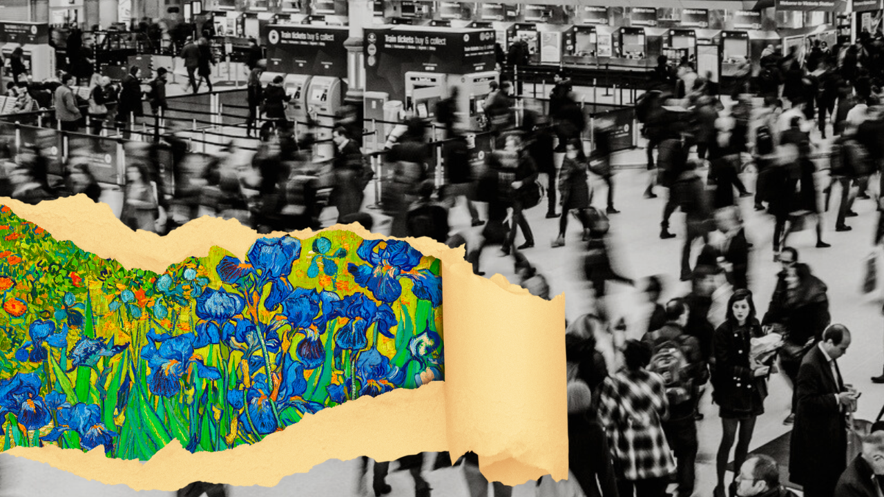 A torn collage revealing Van Gogh’s blue irises beneath a black-and-white crowd scene — symbolizing art breaking through the noise of modern life.