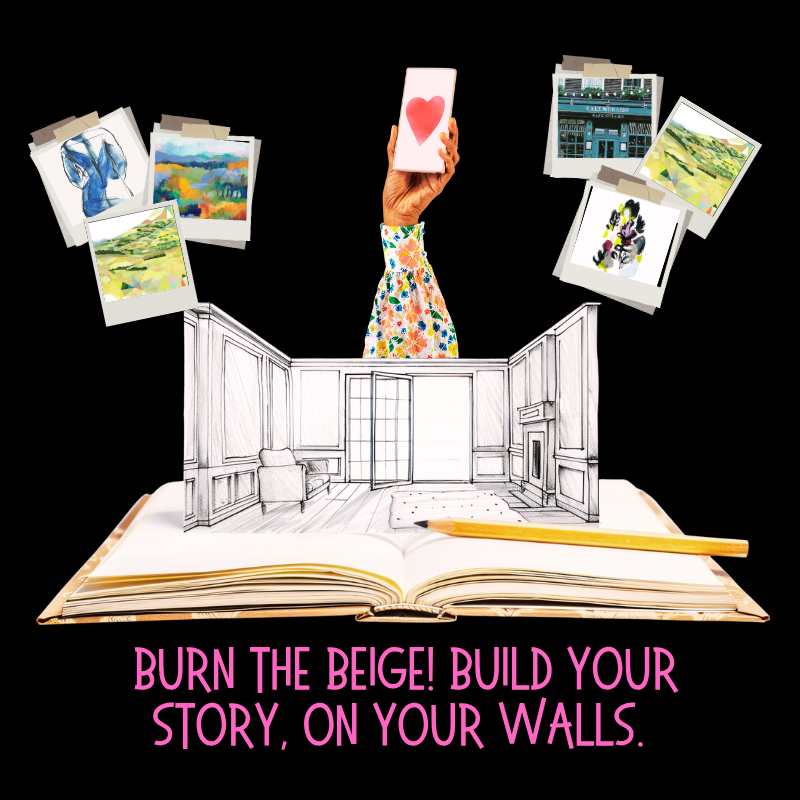 A sketchbook opens into a 3D room drawing, with a hand holding a phone showing a heart icon and floating art prints around it.