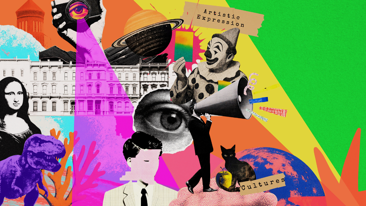 A colorful collage blending art, science, and culture — featuring classical and pop imagery in bold overlapping tones of red, green, pink, and orange.