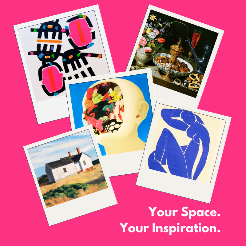 A set of colorful art prints arranged like Polaroids on a pink background, with the text “Your Space. Your Inspiration.”