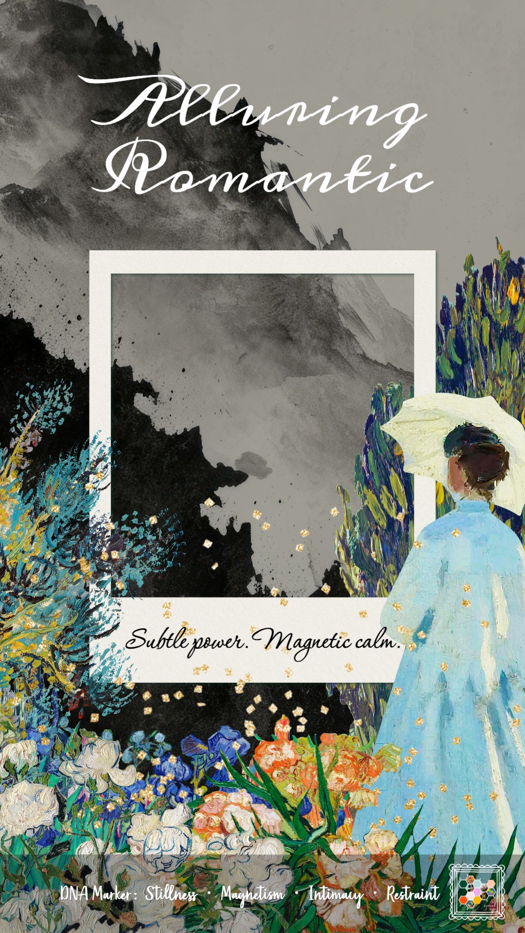 Painterly collage of a figure in blue with a parasol among floral fields and inked mountains, representing calm strength and emotional depth of the Alluring Romantic archetype.
