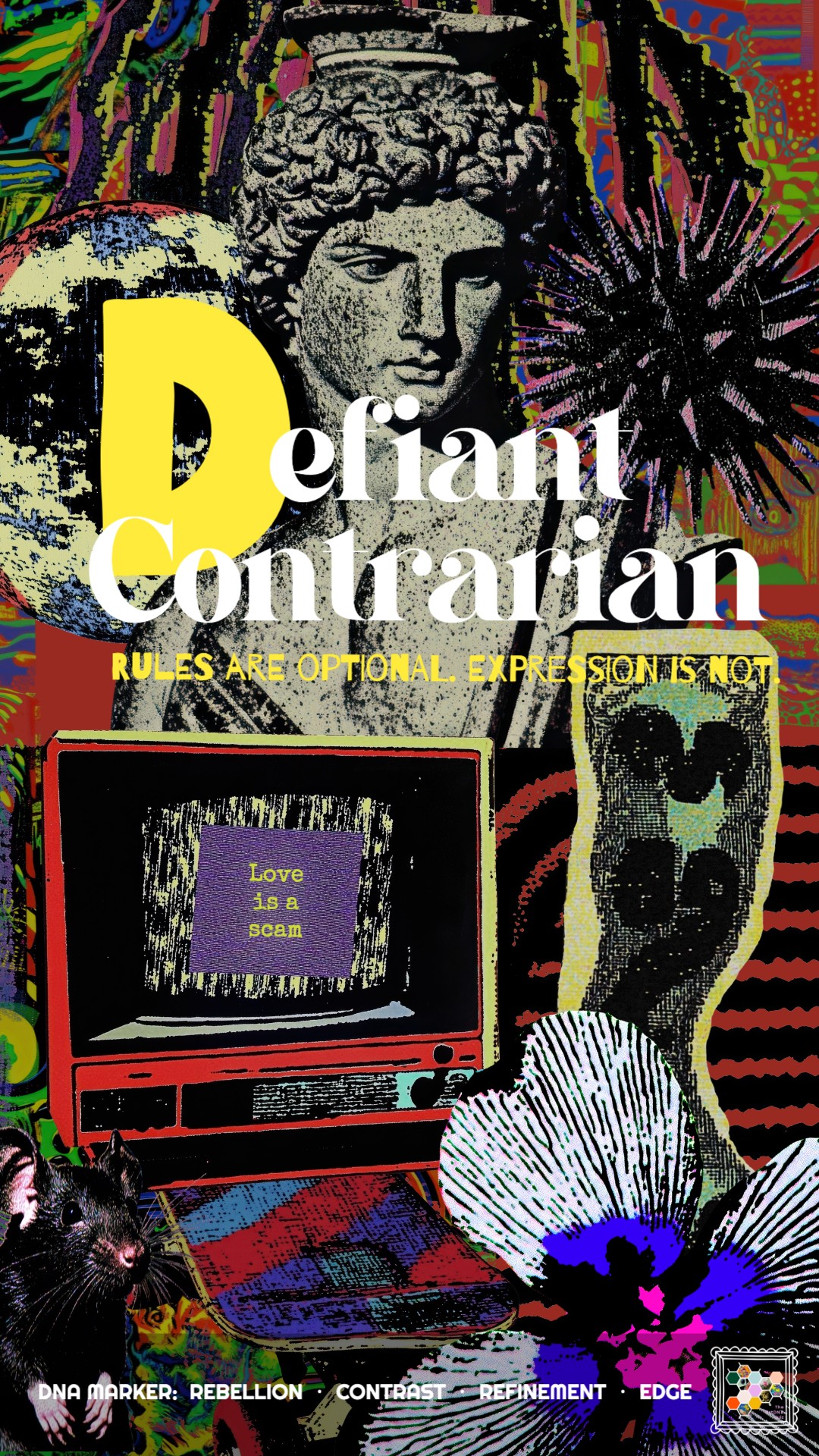 Vibrant collage with a classical bust, glitch art textures, and retro computer screen reading “Love is a scam,” symbolizing the Defiant Contrarian’s bold and provocative spirit.