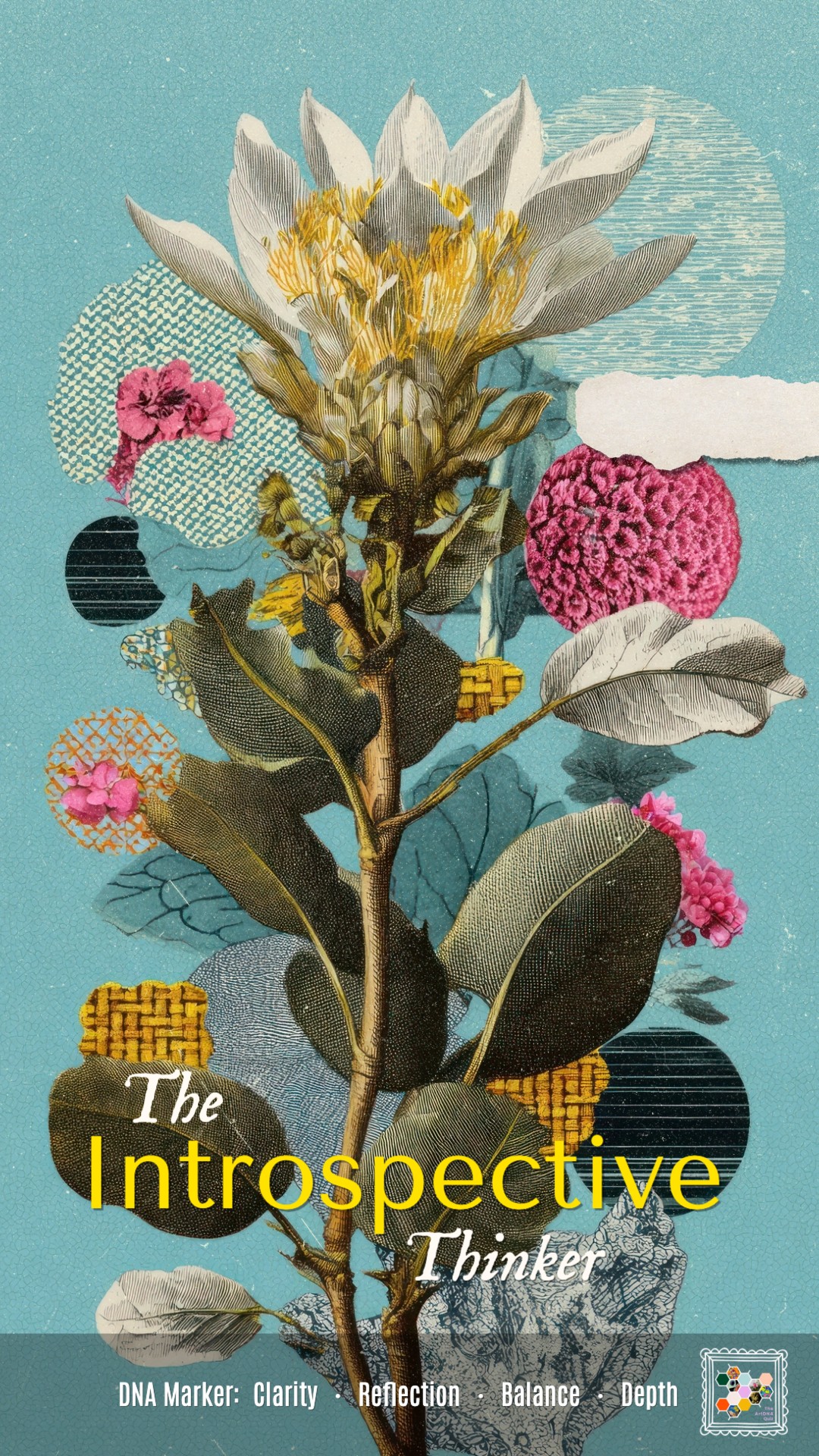 Botanical collage on a soft blue background with layered textures and subtle geometric shapes, expressing clarity, balance, and reflection of the Introspective Thinker archetype.